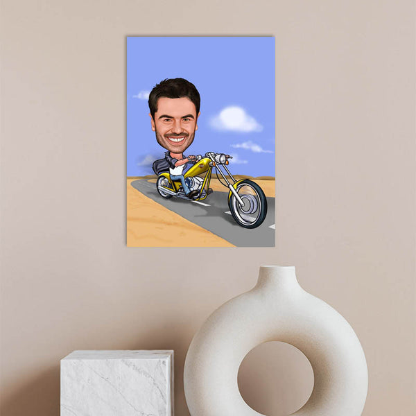 Karikatur vom Foto - Gelbe Harley (andere Motorradmarken mgl.) (ca163) - Lustige individuelle Karikatur vom eigenen Foto