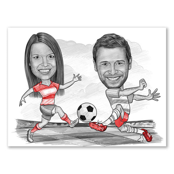 Karikatur vom Foto - Fussball weiss rot (andere Vereins-Shirts mgl.) Paar Zeichnung mit rot (ca309couple-pen-red) - Lustige individuelle Karikatur vom eigenen Foto