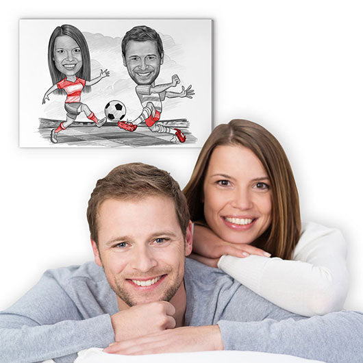 Karikatur vom Foto - Fussball weiss rot (andere Vereins-Shirts mgl.) Paar Zeichnung mit rot (ca309couple-pen-red) - Lustige individuelle Karikatur vom eigenen Foto