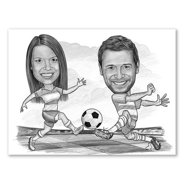 Karikatur vom Foto - Fussball weiss rot (andere Vereins-Shirts mgl.) Paar Zeichnung  (ca309couple-pen) - Lustige individuelle Karikatur vom eigenen Foto