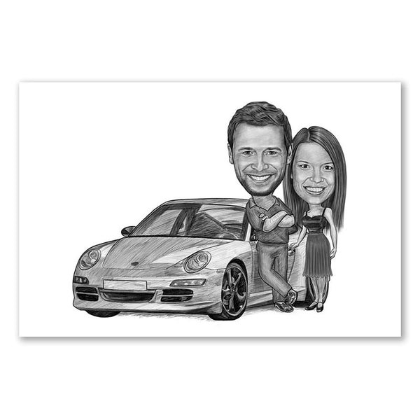 Karikatur vom Foto - Mein Auto (andere Automarken mgl.) Paar Zeichnung (ca392couple-pen) - Lustige individuelle Karikatur vom eigenen Foto