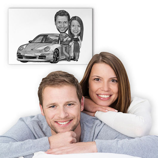 Karikatur vom Foto - Mein Auto (andere Automarken mgl.) Paar Zeichnung (ca392couple-pen) - Lustige individuelle Karikatur vom eigenen Foto