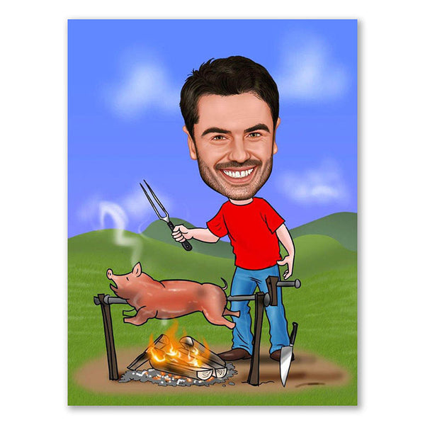 Karikatur vom Foto - Grillen in der Natur (ca543) - Lustige individuelle Karikatur vom eigenen Foto