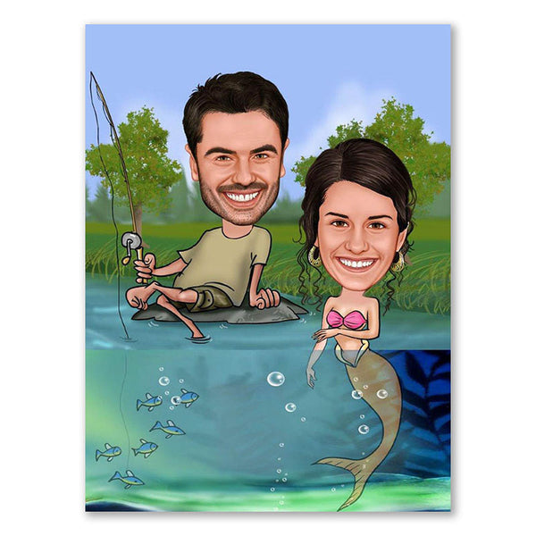 Karikatur vom Foto - Angler mit Nixe (ca591) - Lustige individuelle Karikatur vom eigenen Foto