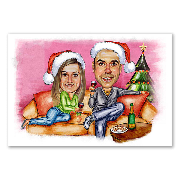 Karikatur vom Foto - Weihnachten Sofa (cdi479) - Lustige individuelle Karikatur vom eigenen Foto