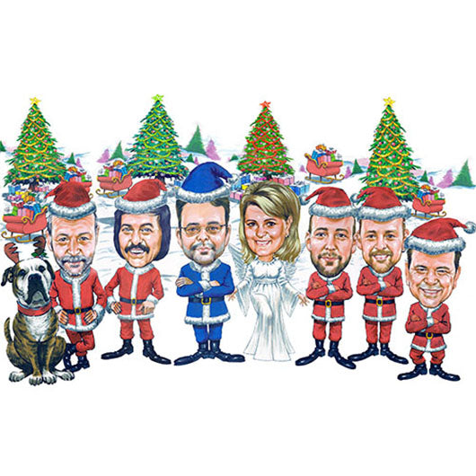 Karikatur vom Foto - Gruppe Weihnachtselfen (cju668) - Lustige individuelle Karikatur vom eigenen Foto